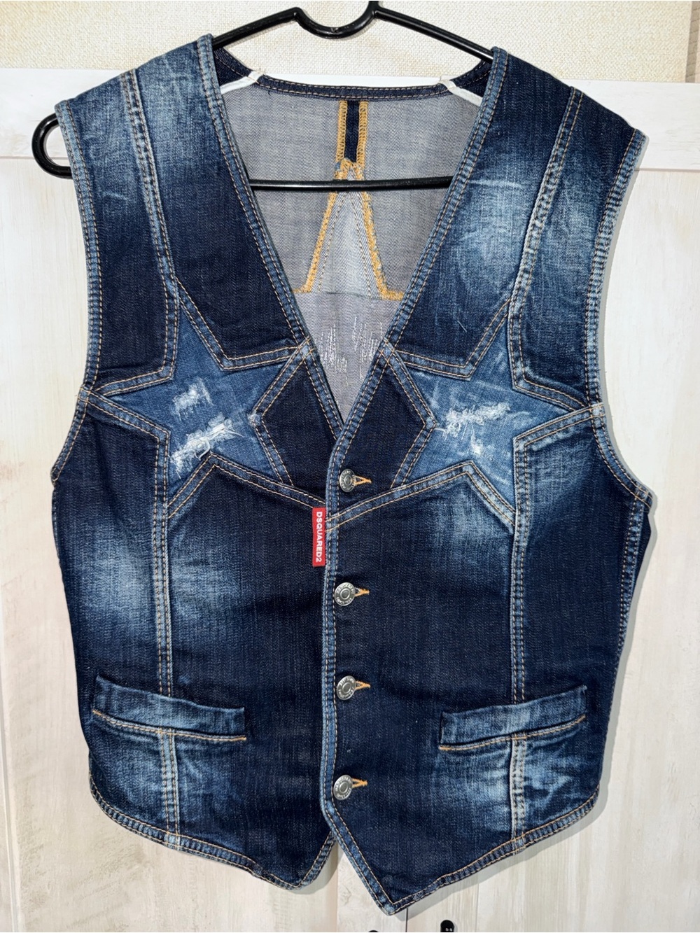 DSQUARED2 Dark Blue Distressed Denim Vest with Star Appliqués